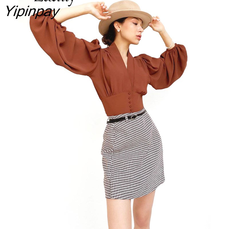Yipinpay 2023 Spring New Vintage Lantern Sleeve Slim Women Shirt Korea Style Button Up Woman Short Blouse Female Clothing Tops