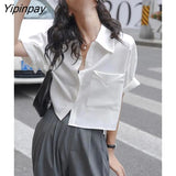 Yipinpay 2023 Summer Short Sleeve Pocket White Shirt Women Minimalist Style Button Up Crop Tops Blouse Casual Female Clothing