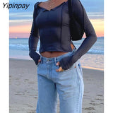 Yipinpay Off Shoulder Long Sleeve T-Shirt Women Spring Casual Party Street Tops 2023 Solid Base Tees Female Cropped Y2K Shirts
