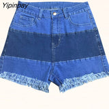 Yipinpay Color Block Tassel Bodycon Denim Shorts Women High Waist Summer Streetwear With Pockets Patchwork Sexy Skinny Jean Shorts