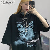 Yipinpay tops Streetwear Print Vintage butterfly dropshipping Korean Black Large Size Harajuku Short Sleeve women T-Shirts