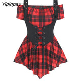 Yipinpay Fashion Croset Style Off The Shoulder Corset Waist Plaid Women Top Fashion Hide Tummy Short Sleeve Tee For Summer