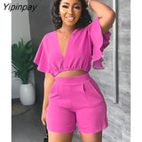 Yipinpay Lotus Leaf Sleeves Shirt Pants Suit Female V Neck Cropped Tops Short Pants 2 Piece Set Summer Girl Casual Club Outfits