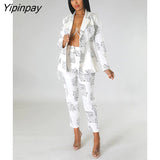 Yipinpay Women Single Breasted Printed Blazer Two Piece Set Female Lapel Blazer Straight Pants Suits Office Lady Outfits Streetwear