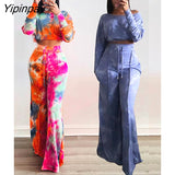 Yipinpay Women Tie Dyed Tracksuit Female Long Sleeve Cropped Blouse Loose Wide Leg Pants Two Piece Set 2023 Chic Street Lace Up Outfit