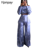 Yipinpay Women Tie Dyed Tracksuit Female Long Sleeve Cropped Blouse Loose Wide Leg Pants Two Piece Set 2023 Chic Street Lace Up Outfit