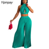 Yipinpay Women Casual Solid Pleated 2 Piece Set Sexy Halter Bra And Wide Leg Pants Suits 2023 Spring Cropped Lace Up Vest Trousers Outfit