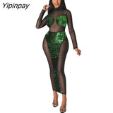 Yipinpay Women Turtleneck Sequins Mesh Patchwork Dress Sexy See Through Long Sleeve Bodycon Dresses 2023 Female Evening Prom Dress
