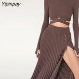 Yipinpay Knit Two Piece Bandage Skirt Set Women Sweater Crop Tops And Slit Pleated Skirts Drawstring Knitted Sweaters Outfits Sets