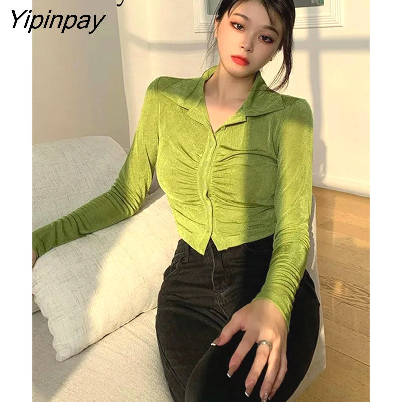 Yipinpay 2023 Spring Sexy Slim Long Sleeve Folds Women Shirt Korea Style Button Up Solid Woman Crop Tops Blouse Female Clothing