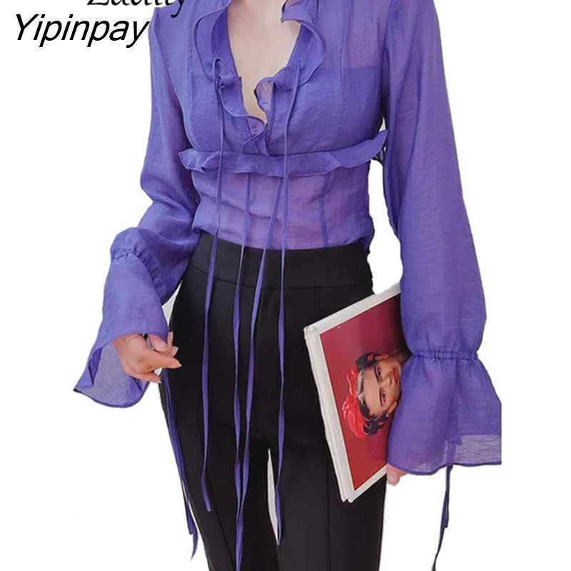 Yipinpay 2023 Spring Sexy Ruffled Flare Long Sleeve Women Blouse Korea Style Vintage Transparent Short Chiffon Shirt Ladies Tops