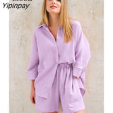 Yipinpay Two Piece Shirt Set Women Loose Blouses Cardigan Tops And Shorts High Waist 2023 Spring Summer Baggy Shirts Outfits Sets