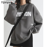 Yipinpay 2023 Winter Korean Style Letter Print Sweatshirt Women Minimalist O Neck Long Sleeve Ladies Hoodies Female Clothing Tops