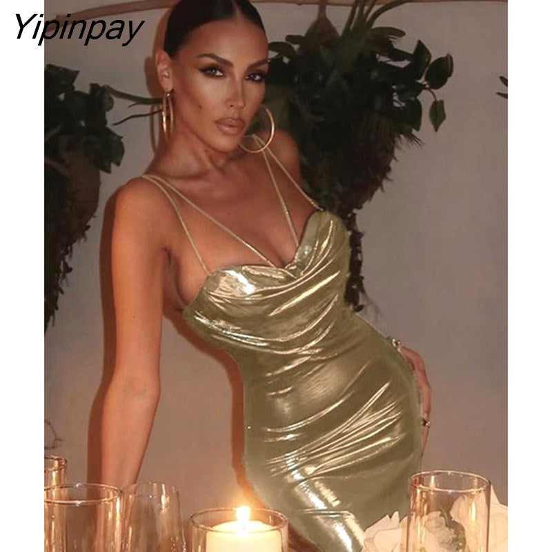 Yipinpay Women Sexy Spaghetti Strap Gold Midi Dress Fashion Wrap Chest Slim Backless Dresses 2023 Summer Party Club Bodycon Vestidos