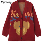 Yipinpay 2023 Winter Christmas Party Bear Embroidery Red Knitted Cardigan Women Sweet Button Ladies Sweater Coat Female Clothing