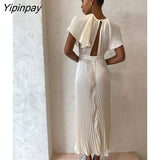 Yipinpay Hollow Out Pleated Dress For Women Fashion Flare Sleeve Backless A Line Dresses Spring O Neck Office Lady Solid Robe