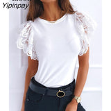 Yipinpay Patchwork Lace T Shirt Skinny Top For Women 2023 Summer Short Sleeve O Neck Black White Tees Streetwear Sexy Bodycon Tops