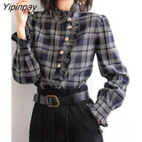 Yipinpay 2023 Summer Elegant Long Sleeve Ruffles Work Shirt Women Office Lady Button Up Plaid Shirt Blouse Casual Female Clothes