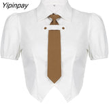 Yipinpay 2023 Summer Short Sleeve Women White Shirt Preppy Style Button Up Tie Ladies Crop Top JK Cosplay Female Clothing Tops