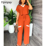 Yipinpay Women Casual Contrasting Drawstring Trousers Suit Female V Neck Blouse Straight Pants Two Piece Set 2023 Fashion Sports Outfit