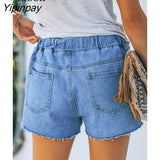 Yipinpay Women Elastic Waist Drawstring Ripped Stretch Denim Shorts Summer Streetwear Black White Blue High-Waist Sexy Hole Jean Shorts