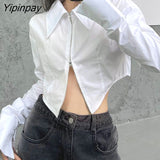 Yipinpay 2023 Spring Streetwear Long Sleeve Shirt Women Sexy Solid Turn Down Collar Zipper Crop Tops Blouse Party Female Clothing
