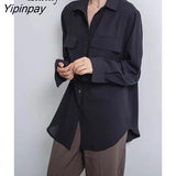 Yipinpay 2023 Spring Minimalist Long Sleeve Woman Black Shirt Korea Style Oversize Button Up Pocket Woman Blouse Clothing Top