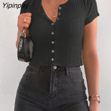 Yipinpay Knitted Ribbed Crop Tops For Women T Shirts Summer 2023 Streetwear Button Up Black Green Tees Sexy Bodycon Short Tops