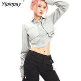 Yipinpay 2023 Autumn Y2K Long Sleeve Shirt Women Street Style Fake Two Pieces Button Ladies Crop Tops Blouse Female Clothing Tops