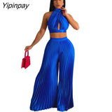Yipinpay Women Casual Solid Pleated 2 Piece Set Sexy Halter Bra And Wide Leg Pants Suits 2023 Spring Cropped Lace Up Vest Trousers Outfit