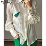 Yipinpay 2023 Autumn Fashion Long Sleeve Chiffon White Shirt Women Office Lady Button Up Pocket Blouse Work Female Clothing Tops