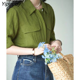 Yipinpay 2023 Summer Casual Short Sleeve Chiffon Shirt Women Vintage Pocket Button Ladies Ladies Blouse Female Clothing Tops