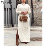 Yipinpay Women Thick Warm Side Slit Maxi Knit Dress Female Elegant  Long Sleeve Turtleneck Sweater Dresses 2023 Spring Solid Ribbed Robe