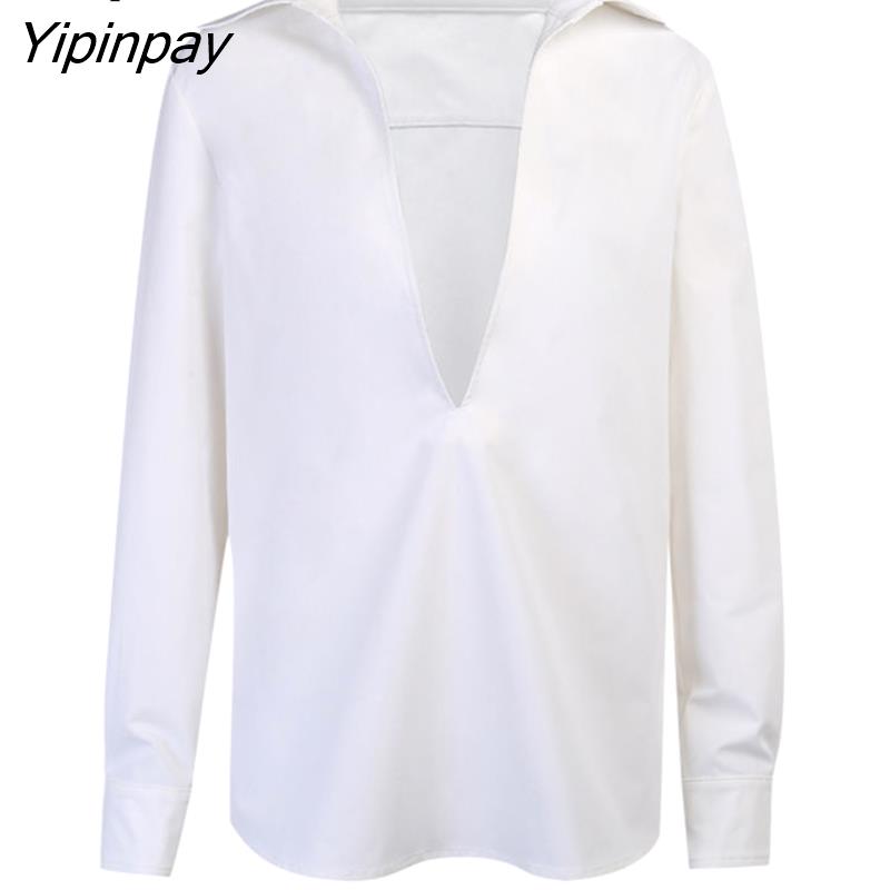 Yipinpay Spring Korean style White Women Blouse Long Sleeve Turn Down Collar Solid Color Female Tunic Shirt Office Ladies Tops Tunic