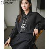 Yipinpay 2023 Spring Streetwear Long Sleeve Black Shirt Blouse Women Gothic Butterfly Chain Button Up Oversize Shirts Loose Tops