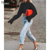 Yipinpay Short Shirts Crop Tops And Blouses Women Button Up Cardigan 2023 New Long Sleeve Turndown Collar Cotton Black White Blouse