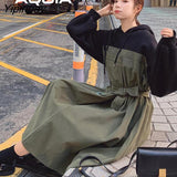 Yipinpay Patchwork Women Fake two pieces Long Dress 2023 Spring Fashion Loose Hoode Long Sleeve Plus Size Y2K Ladies Dresses