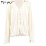 Yipinpay Shirt Suits Pleated Notched Single-Breasted Female Cardigan Two-Piece Loose Shirts and High-Waist Wide-Leg Pants Sets