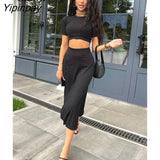Yipinpay White Knitted Ribbed Two Piece Set Sexy Crop Tops And Slit Midi Skirts High Waist Button Up Sexy Bodycon Knit Skirt Sets
