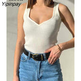 Yipinpay Knitted Ribbed Camis Women Corset Top Streetwear Sleeveless Spaghetti Strap Summer Sexy Short Vest Black White Crop Tops