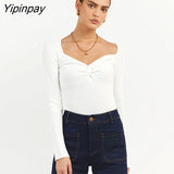 Yipinpay Knit Ribbed T Shirt Women Ruched Corset Top Autumn Long Sleeve V Neck Basic Tees Sexy Bodycon Tshirt Knitted Tops