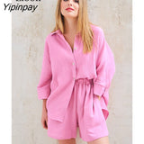 Yipinpay Two Piece Shirt Set Women Loose Blouses Cardigan Tops And Shorts High Waist 2023 Spring Summer Baggy Shirts Outfits Sets