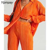 Yipinpay Shirt Suits Pleated Notched Single-Breasted Female Cardigan Two-Piece Loose Shirts and High-Waist Wide-Leg Pants Sets