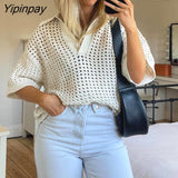 Yipinpay Sexy Knitted Hollow Out Top Women Loose T Shirt Summer Streetwear Short Sleeve Turndown Collar Creamy White Knitting Tops