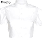 Yipinpay Sexy White Shirt Women Stand Neck Button Short Sleeve Slim Crop Blouse 2023 Summer New Party Y2k Female Clothing Tops