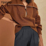 Yipinpay Women Baggy Sweater Zip Up Loose Pullovers Warm Knitted Tops Female Jumpers Autumn Winter Streetwear Khaki Thick Knit Sweaters