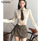 Yipinpay 2023 Spring Sweet JK Long Sleeve Shirt Women Korea Style Slim Button Up Tie Ladies Crop Top Blouse Autumn Female Clothing