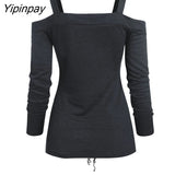 Yipinpay Women Casual T Shirts Cold Shoulder Lace-Up Front Ribbed T-Shirt Solid Color Long Sleeve Female Fashion Tops Tee