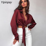 Yipinpay 2023 Spring Vintage Long Sleeve Satin Women Red Shirt Bandage Button Up Woman Crop Tops Knot Blouse Party Female Clothing
