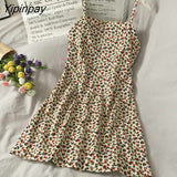 Yipinpay Women's Dresses Floral Print Midi Summer Korean Fashion Aesthetic Party Robe Casual Sexy Kawaii SlingA-Line Lady Chic Clothing